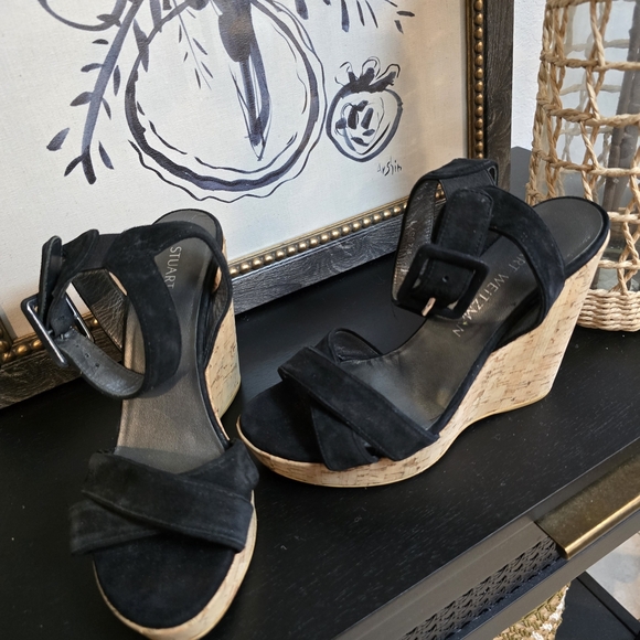 Stuart Weitzman Black Suede Platform Cork Wedge Sandals Size 6 - Picture 2 of 11